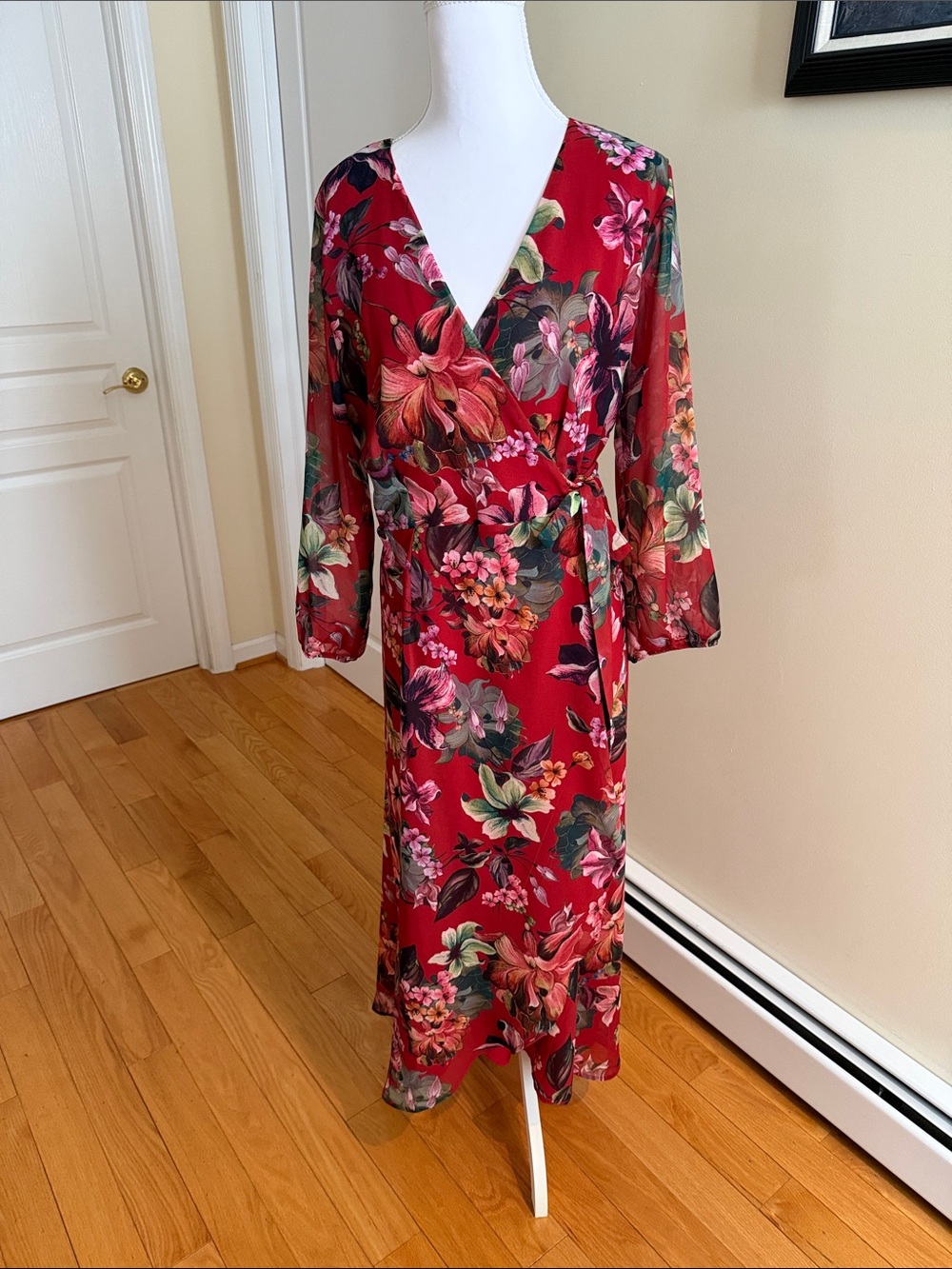Sweet Pea Red Floral Long Sleeve Wrap Dress NWOT